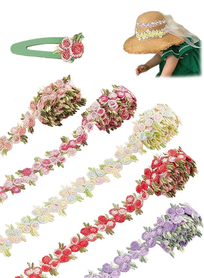 GIFT 5 Colors Flower Trim Ribbon Floral DIY Lace Applique Sewing Craft Rose Lace Edge Trim Decorating Embroidered Polyester for Wedding Dresses Embellishment DIY Party Decor Clothes, 5 Yards - Image 1