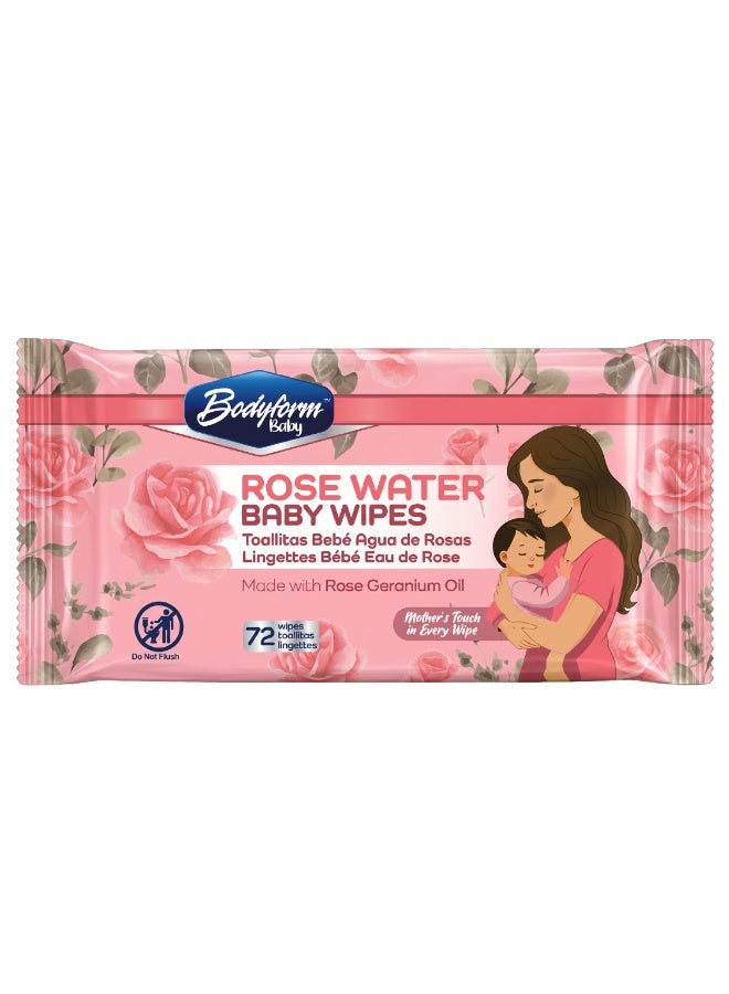 Bodyform Baby Rose Water Wipes, 72 Count — Soft & Thick Baby Wipes with Rose Geranium Oil, Alcohol-Free & Paraben-Free, Gentle Cleansing for Hands, Face & Bottom - Image 1