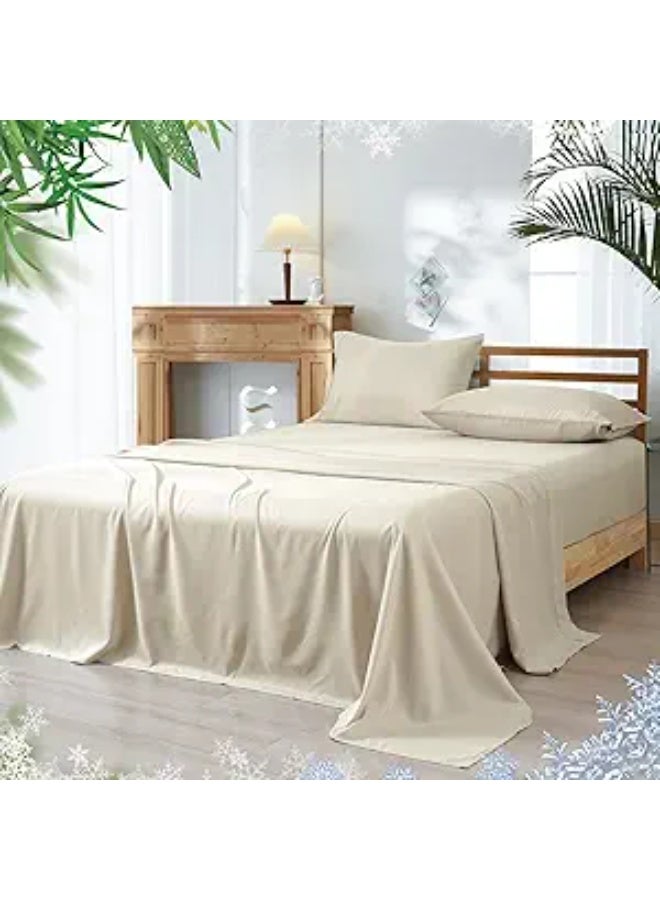 PHF Cooling Sheets Set Queen Size, Rayon Derived from Bamboo & Polyester, Breathable & Wrinkle Free Silky Soft Bedding Sheets, Wider Elastic Band, 16" Deep Pocket Bedding Set & Pillowcase, Natural - Image 1