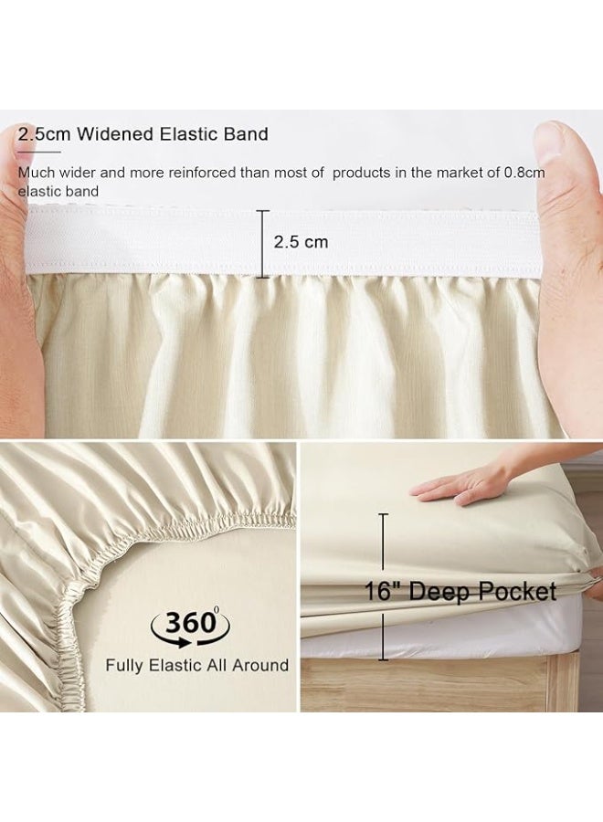 PHF Cooling Sheets Set Queen Size, Rayon Derived from Bamboo & Polyester, Breathable & Wrinkle Free Silky Soft Bedding Sheets, Wider Elastic Band, 16" Deep Pocket Bedding Set & Pillowcase, Natural - Image 5