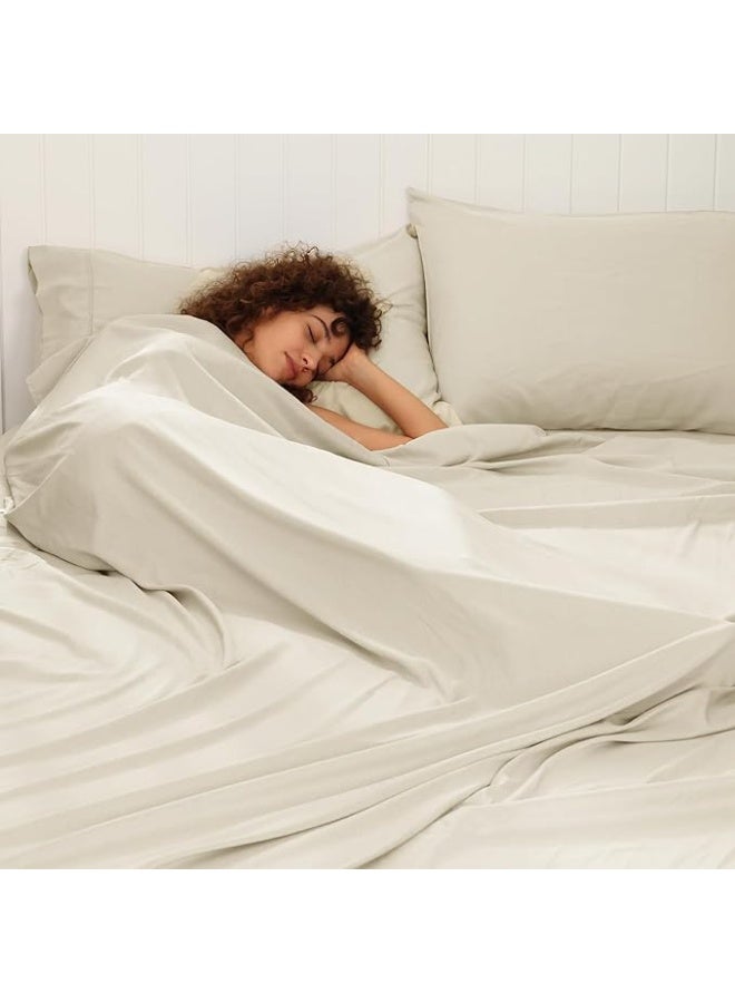 PHF Cooling Sheets Set Queen Size, Rayon Derived from Bamboo & Polyester, Breathable & Wrinkle Free Silky Soft Bedding Sheets, Wider Elastic Band, 16" Deep Pocket Bedding Set & Pillowcase, Natural - Image 2