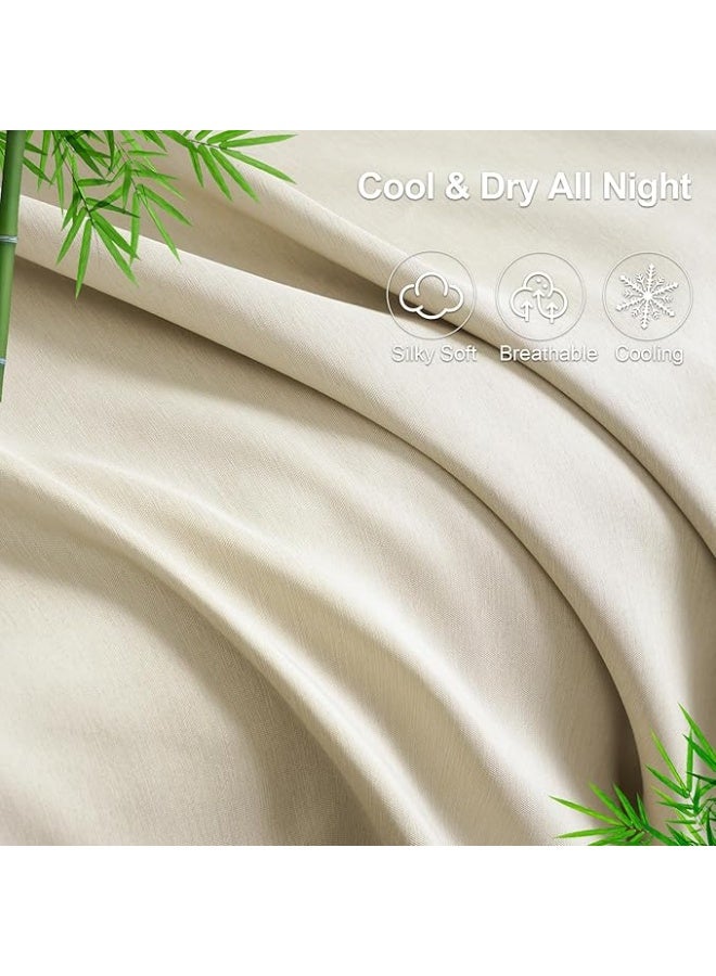 PHF Cooling Sheets Set Queen Size, Rayon Derived from Bamboo & Polyester, Breathable & Wrinkle Free Silky Soft Bedding Sheets, Wider Elastic Band, 16" Deep Pocket Bedding Set & Pillowcase, Natural - Image 4