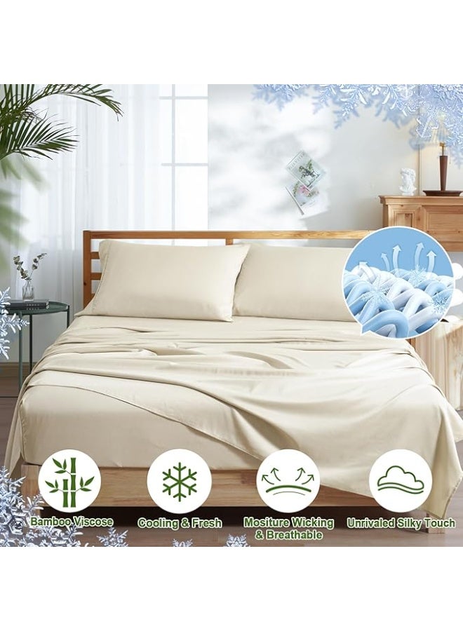 PHF Cooling Sheets Set Queen Size, Rayon Derived from Bamboo & Polyester, Breathable & Wrinkle Free Silky Soft Bedding Sheets, Wider Elastic Band, 16" Deep Pocket Bedding Set & Pillowcase, Natural - Image 3