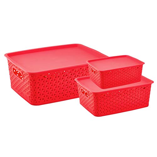 Nabhya Multipurpose Storage Baskets with Lid Set of 3 - BPA Free | Break Resistant Organizer Basket for Kitchen, clothes, Vegetables, Books, Office, Stationery, Cosmetics, Wardrobe (Red) - Image 1