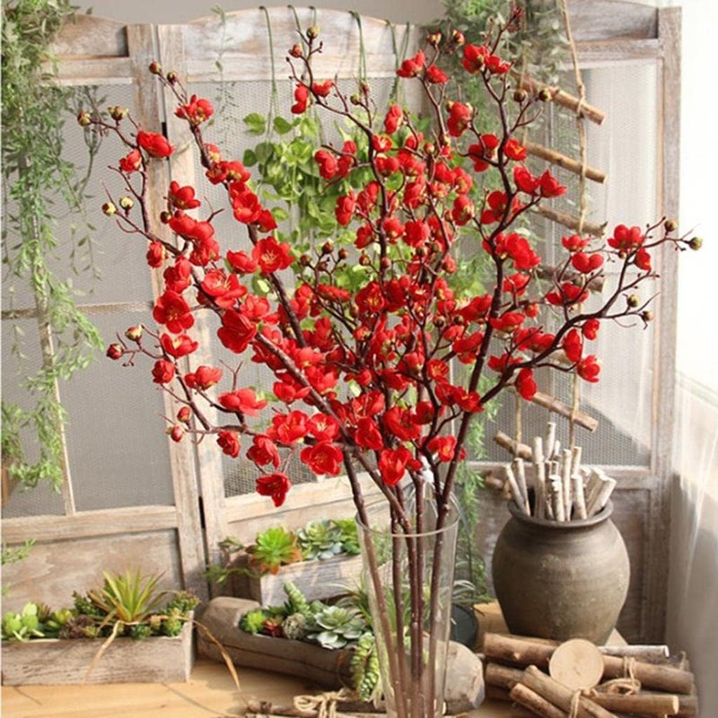 Plum Blossom Branch Artificial Plum Blossom Simulation Plum Flower Long Stem Plum Branch Artificial Silk Plum Blossom Silk and Material, Red - Image 3