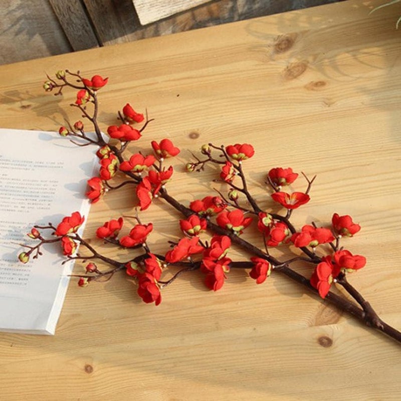 Plum Blossom Branch Artificial Plum Blossom Simulation Plum Flower Long Stem Plum Branch Artificial Silk Plum Blossom Silk and Material, Red - Image 5