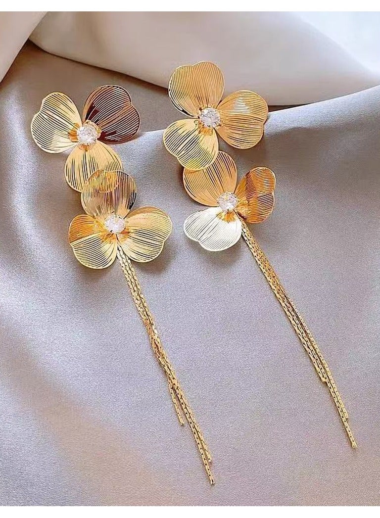 Flower Dangle Earrings with Crystal Tassel Chains Elegant  Bridal Jewelry for Women Ear Accessories（Gold） - Image 2