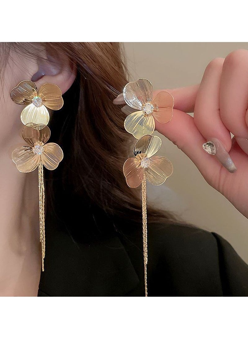 Flower Dangle Earrings with Crystal Tassel Chains Elegant  Bridal Jewelry for Women Ear Accessories（Gold） - Image 3