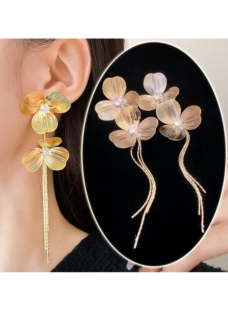 Flower Dangle Earrings with Crystal Tassel Chains Elegant  Bridal Jewelry for Women Ear Accessories（Gold） - Image 1
