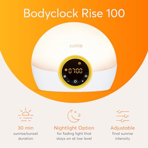 Lumie Bodyclock Rise 100 - LED Wake-Up Light Alarm Clock with Realistic Sunrise and Sunset, Dimmable, White/Yellow - Image 2