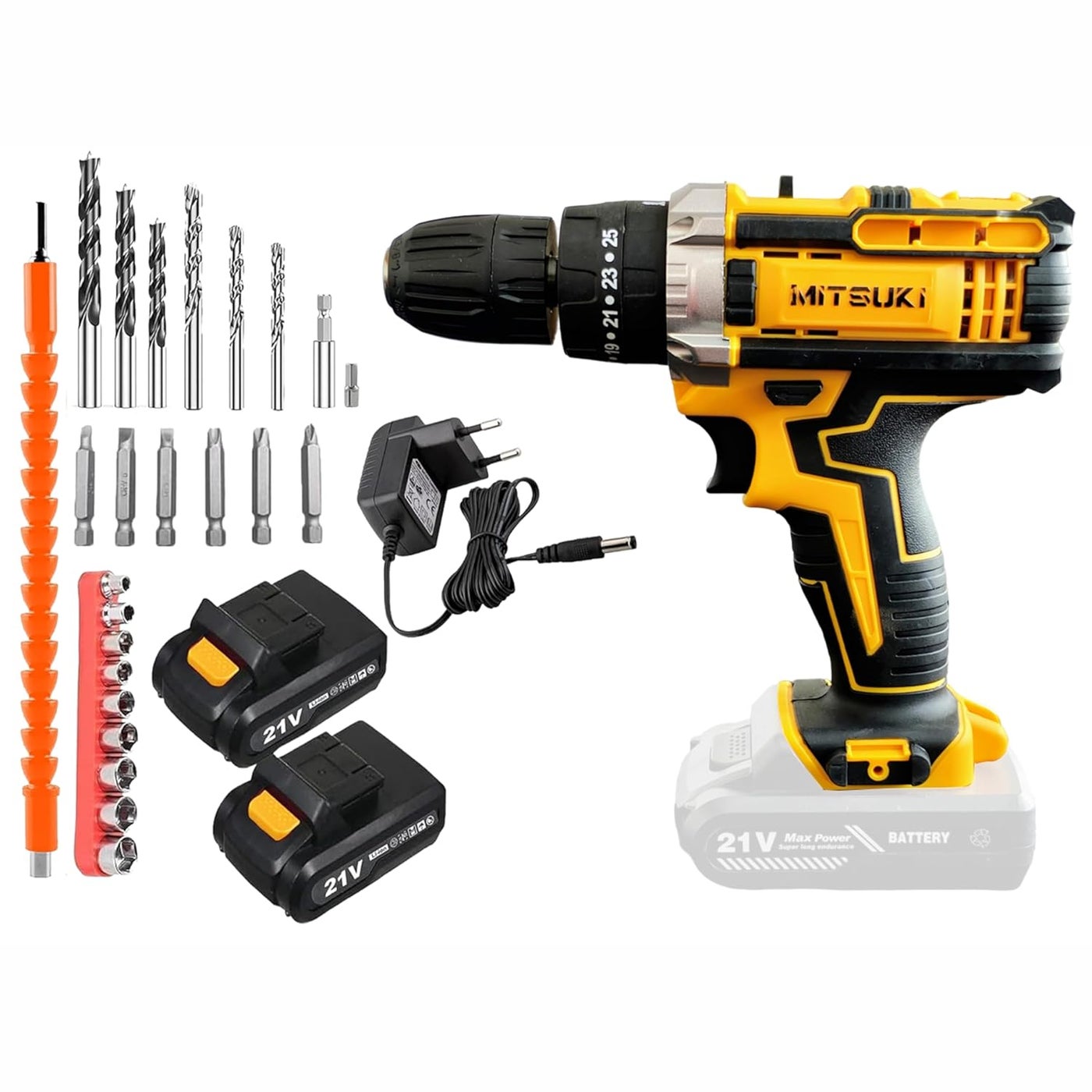 Mitsuki 21V Cordless Impact Drill 10MM Chuck Variable Speed LED Light 2 Batteries Fast Charger Case 24Pcs Set Perfect for Concrete Wood Metal Drilling Torque Screw MI57
