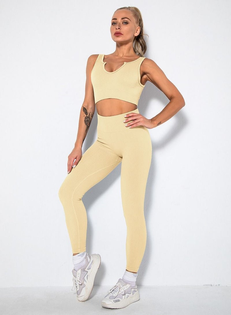 Loquat Solid V-neck Bra Tights Sports Set Beige - Image 1