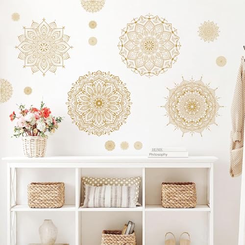 Kazova Large Mandala Wall Sticker Peel and Stick Boho Lotus Flower Wall Stickers Decor Mandala Floral Window Decals Clings Headboard Gold Mandala Wall Art Decal for Bedroom Living Room Yoga Decoration - Image 2