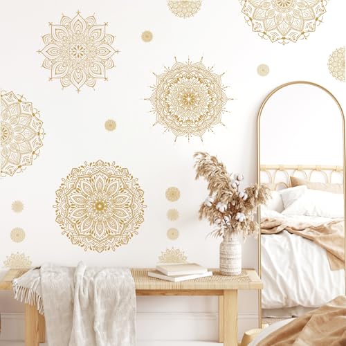 Kazova Large Mandala Wall Sticker Peel and Stick Boho Lotus Flower Wall Stickers Decor Mandala Floral Window Decals Clings Headboard Gold Mandala Wall Art Decal for Bedroom Living Room Yoga Decoration - Image 1