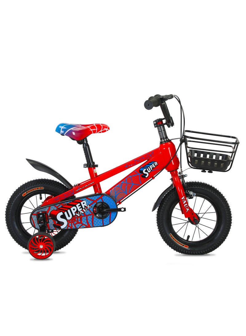 Vaux Super 14-Inch Kids Bike | 14-Inch Wheel Size| Adjustable Seat | With Basket, Handbrake, Mudguards And Training Wheels | Red Color - Image 1