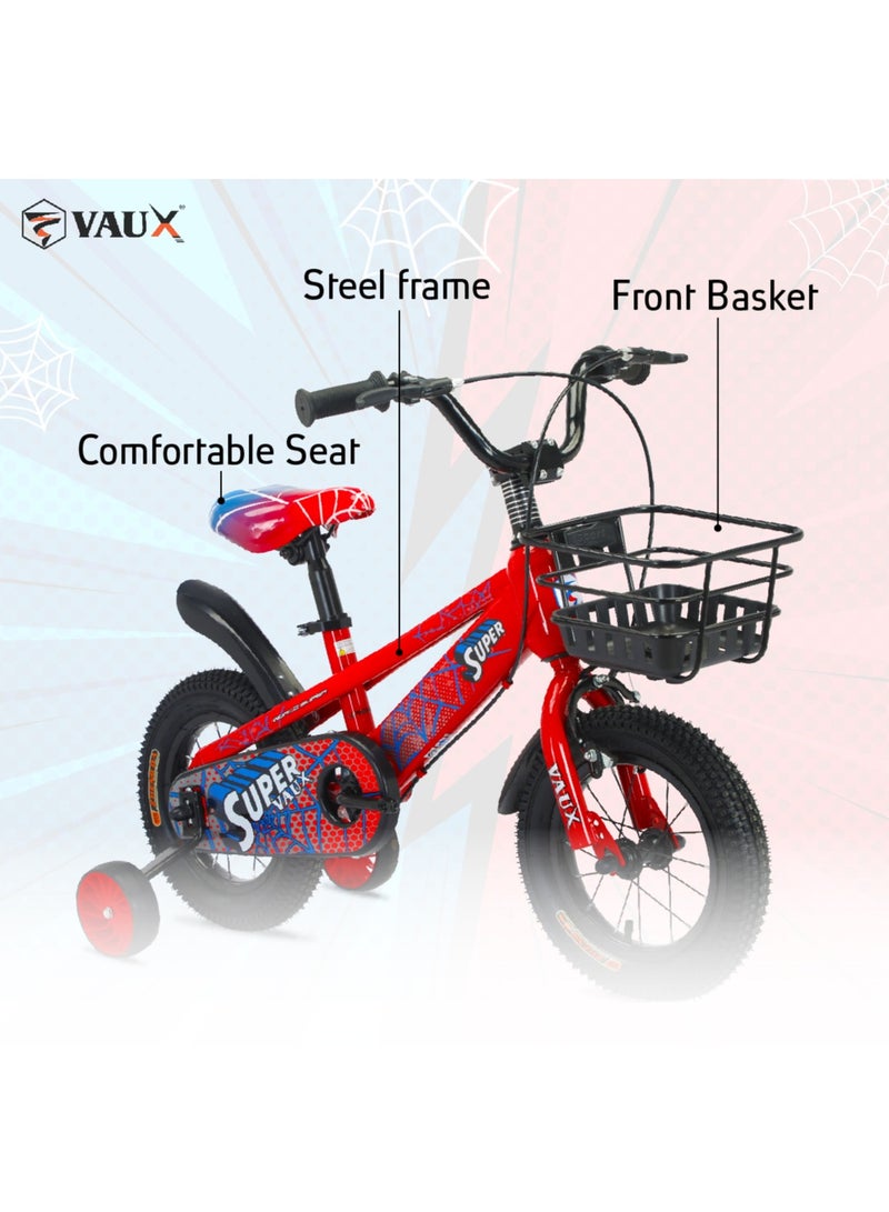 Vaux Super 14-Inch Kids Bike | 14-Inch Wheel Size| Adjustable Seat | With Basket, Handbrake, Mudguards And Training Wheels | Red Color - Image 3