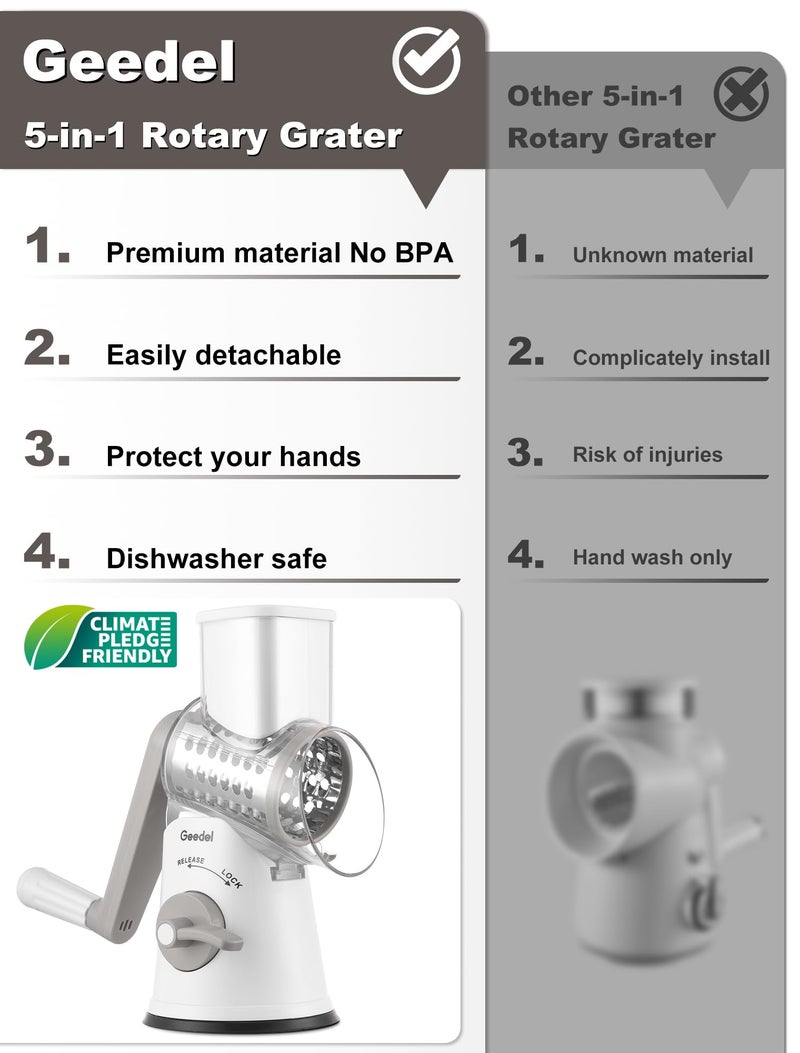 Geedel Rotary Cheese Grater Cheese Shredder with 5 Interchangeable Blades - Upgraded Rotary Grater Featuring Strong Suction Base for Cheese Shredding, Wavy Slicing, Nut Grinding, and Ice Shaving - Image 2