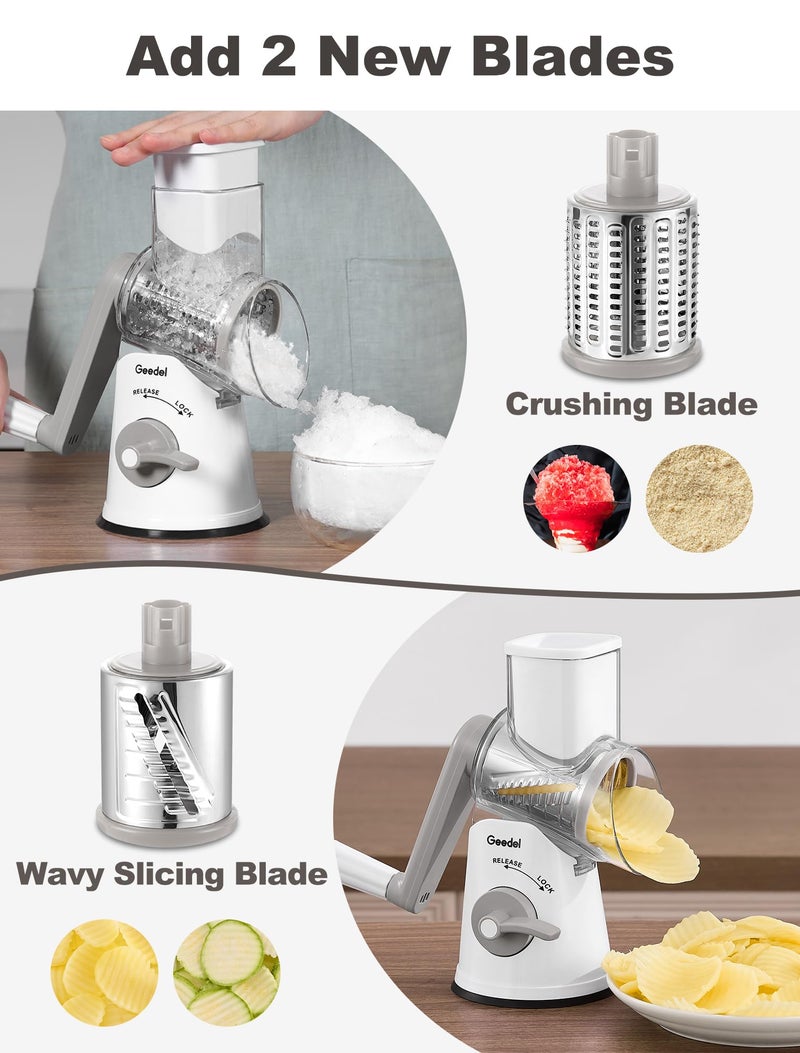 Geedel Rotary Cheese Grater Cheese Shredder with 5 Interchangeable Blades - Upgraded Rotary Grater Featuring Strong Suction Base for Cheese Shredding, Wavy Slicing, Nut Grinding, and Ice Shaving - Image 3