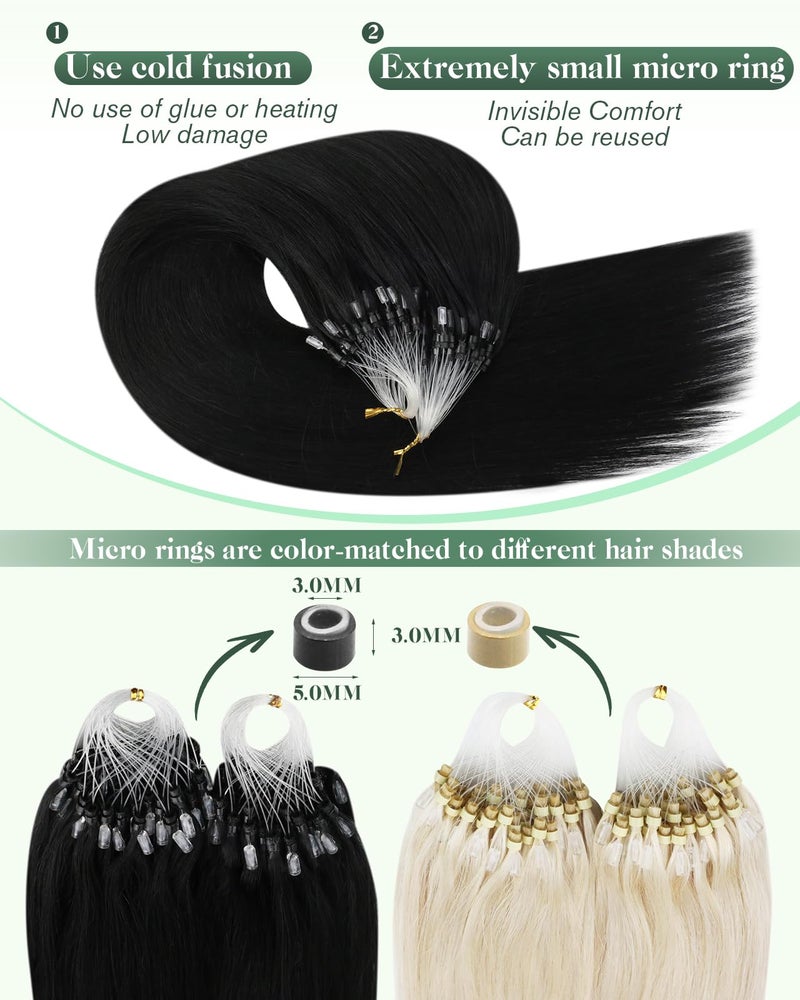 Ugeat Micro Link Hair Extensions Human Hair, Black Micro Bead Hair Extensions Real Human Hair, Jet Black Microloop Har Extension, Tiny, Color-Matched Beads, 14 Inch 57G 50S - Image 3