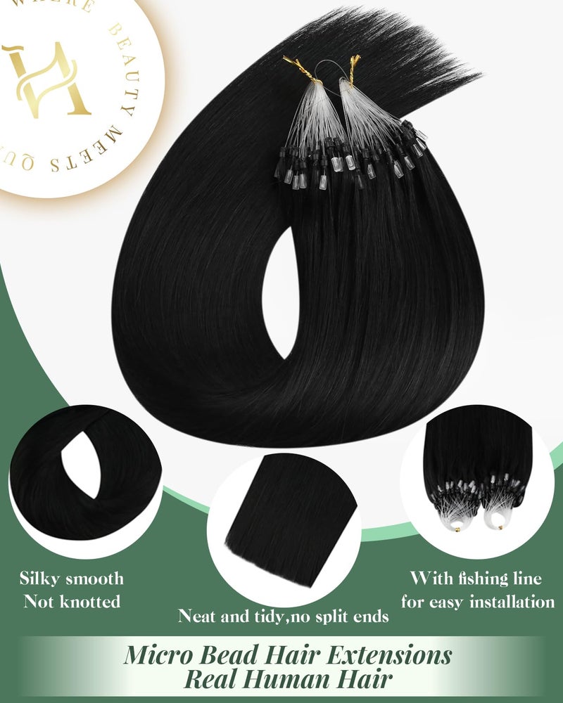 Ugeat Micro Link Hair Extensions Human Hair, Black Micro Bead Hair Extensions Real Human Hair, Jet Black Microloop Har Extension, Tiny, Color-Matched Beads, 14 Inch 57G 50S - Image 2