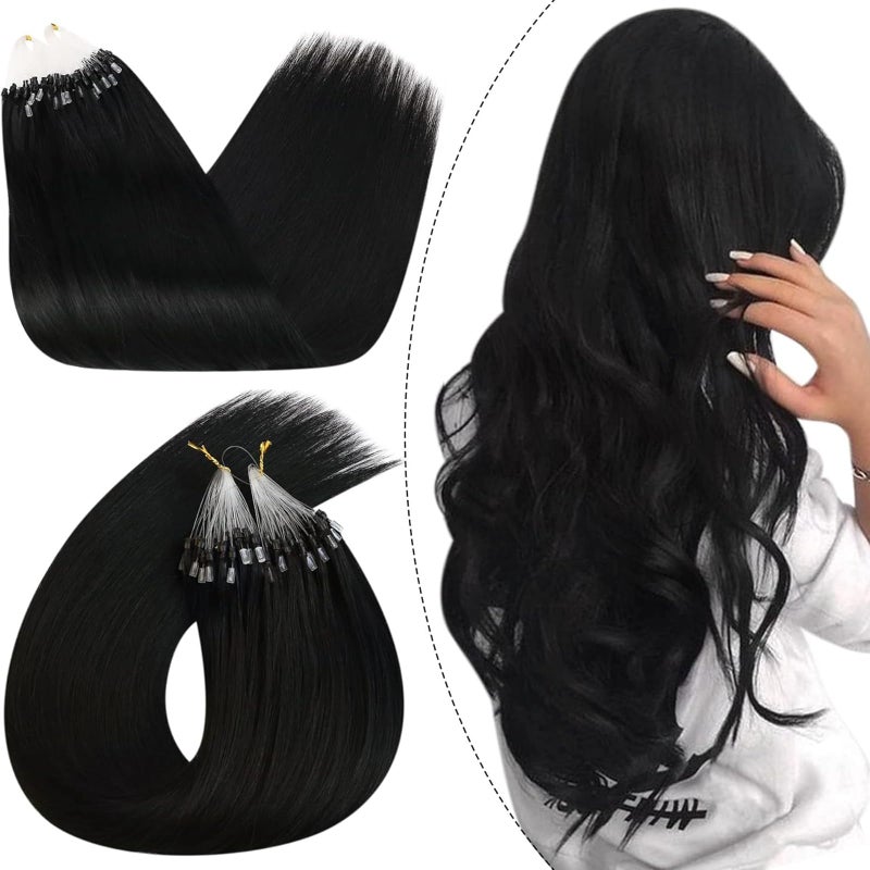 Ugeat Micro Link Hair Extensions Human Hair, Black Micro Bead Hair Extensions Real Human Hair, Jet Black Microloop Har Extension, Tiny, Color-Matched Beads, 14 Inch 57G 50S - Image 1