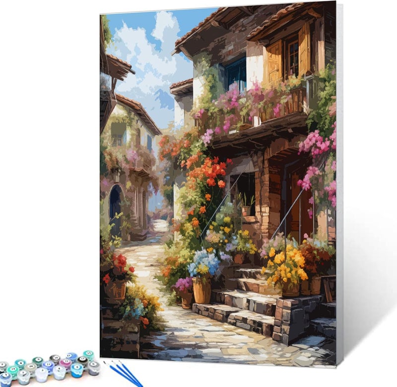 Tucocoo Flowers Town Paint by Numbers for Adults Kids Beginners Italy City Street Flowers DIY Acrylic Painting Gift Kits Drawing Paintings Pictures Arts Craft for Home Wall Decor16x20inch Frameless - Image 3