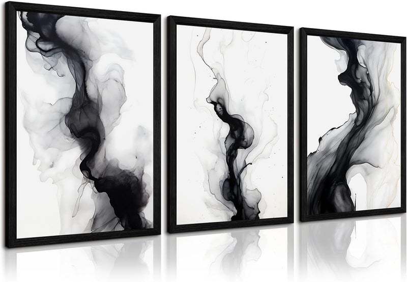 Joocrise Black White Abstract Wall Art Decor Set of 3 Modern Wall Art Minimalist Canvas Wall Decor Black White Abstract Prints Modern Pictures Minimalist Artwork for Room Bedroom 12x16 Inch Framed - Image 1