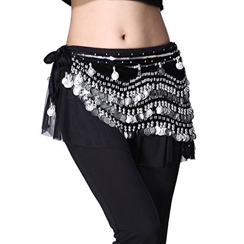 ZLTdream Women's Belly Dance Wave Shape Hip Scarf With Silver Coins Belly dancing Skirt For Zumba Black - Image 1