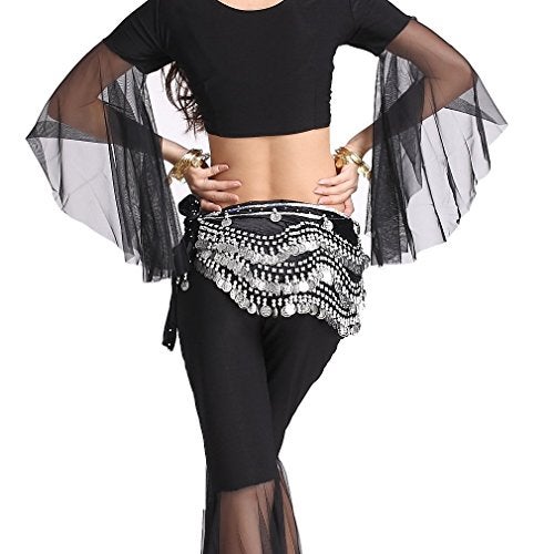 ZLTdream Women's Belly Dance Wave Shape Hip Scarf With Silver Coins Belly dancing Skirt For Zumba Black - Image 3
