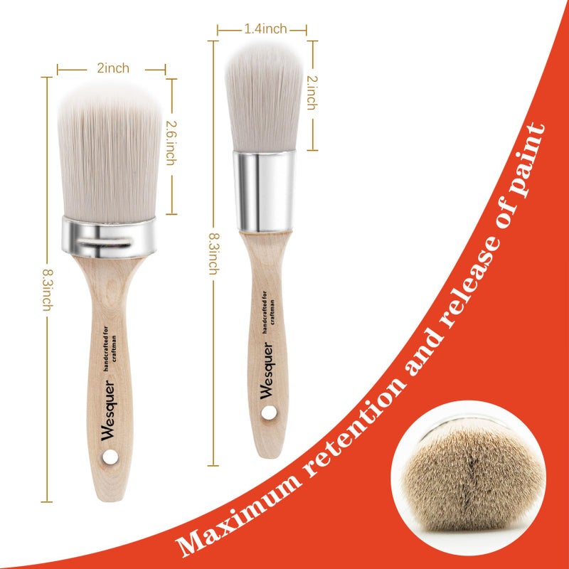 Wesquer Chalk Paint Brushes Round Paint Brush for All Water Based Paints, Chalk Paint, Milk Paint, Latex, Varnish, Perfect for Furniture Refinishing, Wood Staining, Waxing, DIY Crafts, 2Pack 2" & 1.4" - Image 2