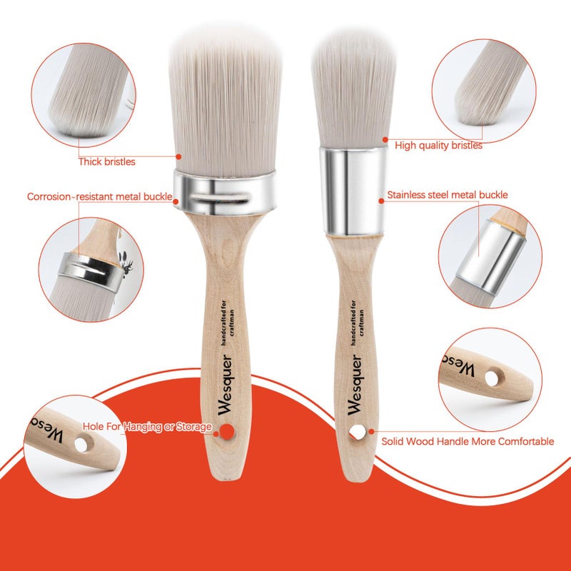 Wesquer Chalk Paint Brushes Round Paint Brush for All Water Based Paints, Chalk Paint, Milk Paint, Latex, Varnish, Perfect for Furniture Refinishing, Wood Staining, Waxing, DIY Crafts, 2Pack 2" & 1.4" - Image 3