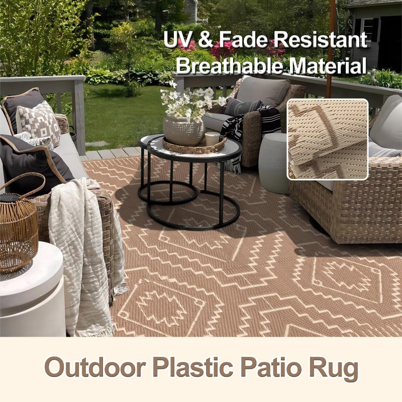 Wonnitar Outdoor Rugs 8x10 Waterproof Plastic Straw Rug, Large Outdoor Camping Rug for RV, Reversible Portable Outside Lightweight Area Rug for Backyard Balcony Beach Picnic (Beige & Brown,8'x10') - Image 3