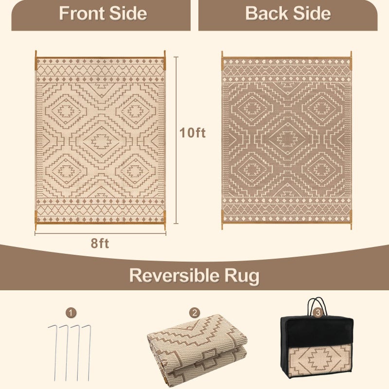 Wonnitar Outdoor Rugs 8x10 Waterproof Plastic Straw Rug, Large Outdoor Camping Rug for RV, Reversible Portable Outside Lightweight Area Rug for Backyard Balcony Beach Picnic (Beige & Brown,8'x10') - Image 2