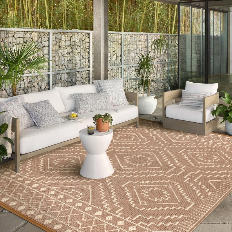 Wonnitar Outdoor Rugs 8x10 Waterproof Plastic Straw Rug, Large Outdoor Camping Rug for RV, Reversible Portable Outside Lightweight Area Rug for Backyard Balcony Beach Picnic (Beige & Brown,8'x10') - Image 1