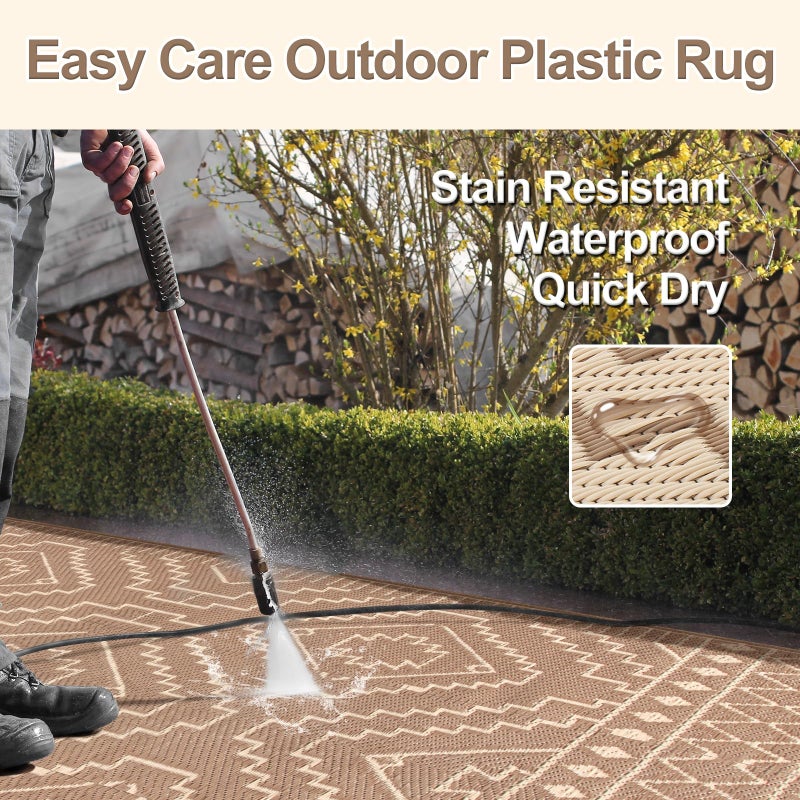 Wonnitar Outdoor Rugs 8x10 Waterproof Plastic Straw Rug, Large Outdoor Camping Rug for RV, Reversible Portable Outside Lightweight Area Rug for Backyard Balcony Beach Picnic (Beige & Brown,8'x10') - Image 4