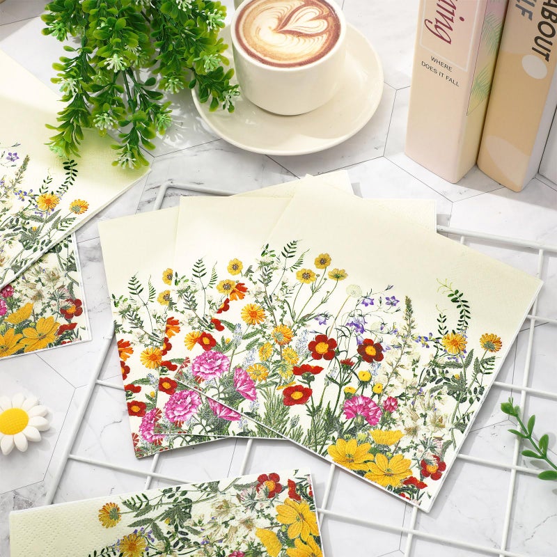 JarThenaAMCS JarThenaAMCS 50Pcs Wildflower Paper Napkins Wild Floral Disposable Dinner Napkins Spring Luncheon Napkins for Home Kitchen Bathroom Holiday Party Supplies  - Image 3