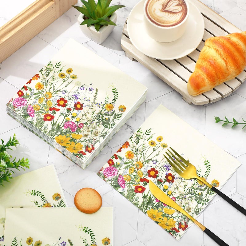 JarThenaAMCS JarThenaAMCS 50Pcs Wildflower Paper Napkins Wild Floral Disposable Dinner Napkins Spring Luncheon Napkins for Home Kitchen Bathroom Holiday Party Supplies  - Image 4