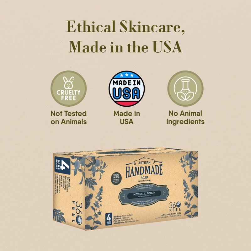 360Feel Mens Bar Soap - Made in the USA - Castile Handmade All Natural Cold Processed - Includes 4 Bold Masculine Scents: Bay Rum, Pine Tar Black Soap bar, Patchouli & Island Citrus (5oz, 4-Pack) - Image 2