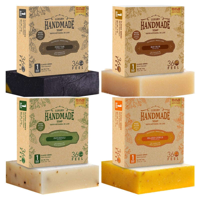 360Feel Mens Bar Soap - Made in the USA - Castile Handmade All Natural Cold Processed - Includes 4 Bold Masculine Scents: Bay Rum, Pine Tar Black Soap bar, Patchouli & Island Citrus (5oz, 4-Pack) - Image 1
