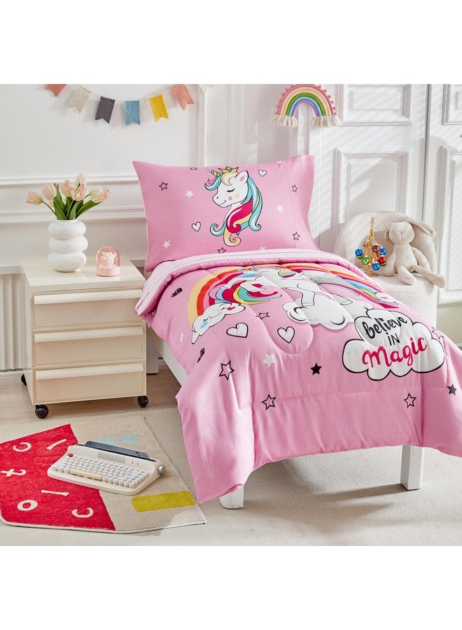 Uozzi Bedding 4 Pieces Toddler Bedding Set for Girls - Pink Unicorn Cartoon Stars Rainbow Print Cute Princess Bed in a Bag - Comforter Set, Fitted Sheet, Flat Sheet, Pillowcase - Image 5