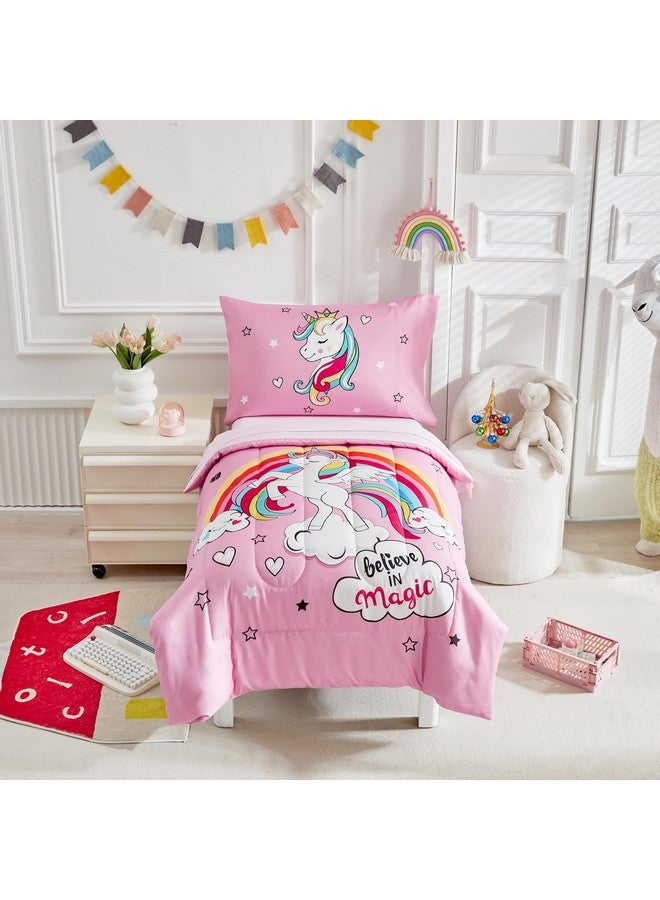 Uozzi Bedding 4 Pieces Toddler Bedding Set for Girls - Pink Unicorn Cartoon Stars Rainbow Print Cute Princess Bed in a Bag - Comforter Set, Fitted Sheet, Flat Sheet, Pillowcase - Image 3