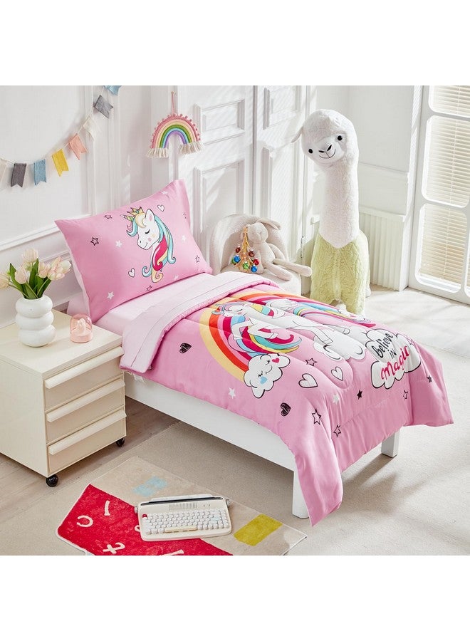 Uozzi Bedding 4 Pieces Toddler Bedding Set for Girls - Pink Unicorn Cartoon Stars Rainbow Print Cute Princess Bed in a Bag - Comforter Set, Fitted Sheet, Flat Sheet, Pillowcase - Image 2