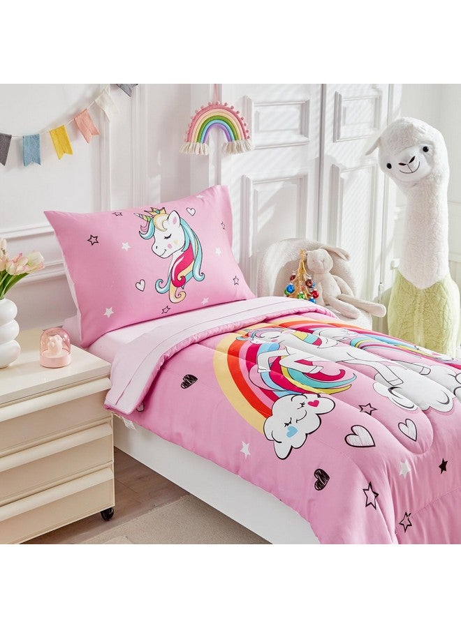 Uozzi Bedding 4 Pieces Toddler Bedding Set for Girls - Pink Unicorn Cartoon Stars Rainbow Print Cute Princess Bed in a Bag - Comforter Set, Fitted Sheet, Flat Sheet, Pillowcase - Image 4