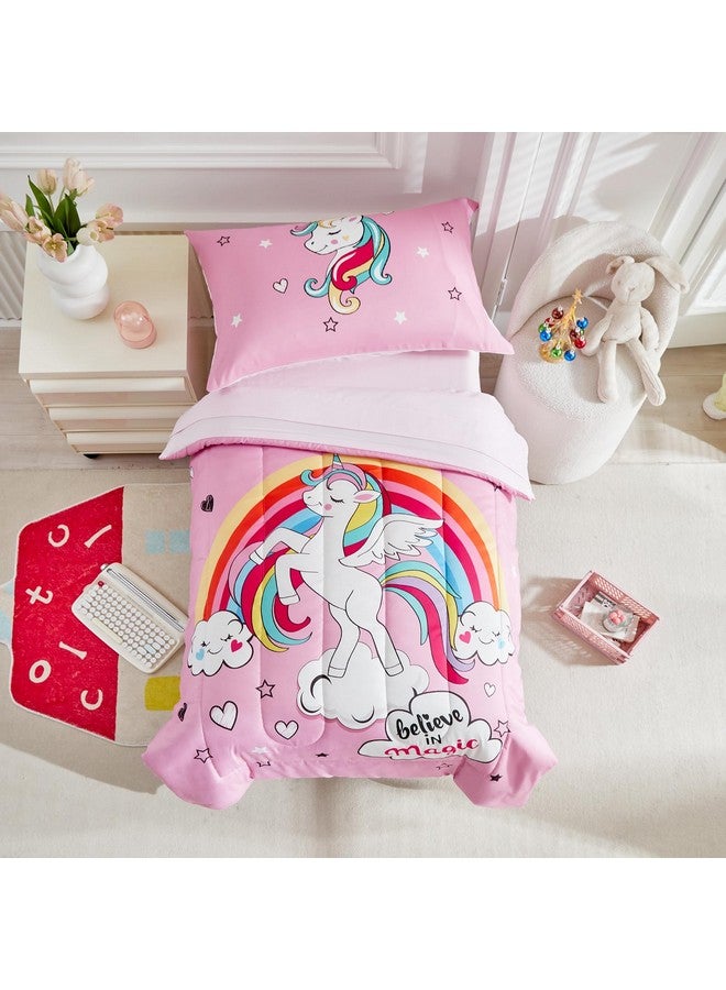 Uozzi Bedding 4 Pieces Toddler Bedding Set for Girls - Pink Unicorn Cartoon Stars Rainbow Print Cute Princess Bed in a Bag - Comforter Set, Fitted Sheet, Flat Sheet, Pillowcase - Image 1