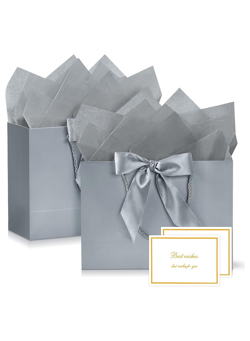 DELGREEN 2 Pcs Silver Large Gift Bags, Paper Bags with Ribbon, Greeting Cards and Tissue Paper, Portable Party Bags with Handles, Birthday Gift Bags, Present Bags for Wedding Party, Party Supplies（32*25*11cm） - Image 1