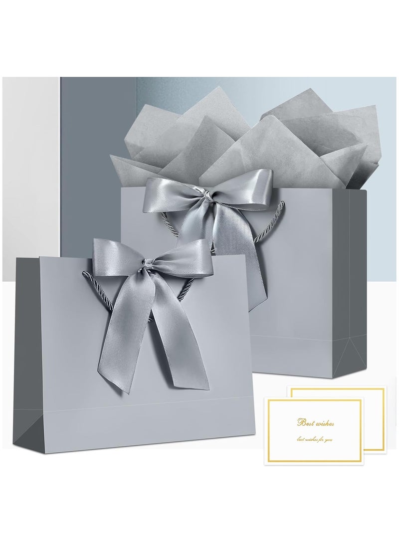 DELGREEN 2 Pcs Silver Large Gift Bags, Paper Bags with Ribbon, Greeting Cards and Tissue Paper, Portable Party Bags with Handles, Birthday Gift Bags, Present Bags for Wedding Party, Party Supplies（32*25*11cm） - Image 2