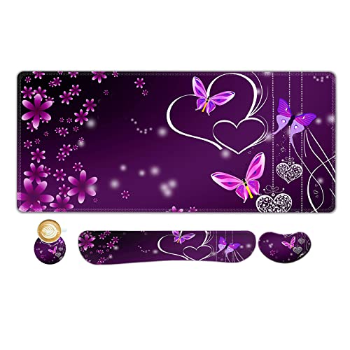 ARTSO Large Gaming Mouse Pad, Keyboard Wrist Rest Pad & Wrist Support Mousepad Set, Stitched Edge, Extended, Non-Slip Base, Memory Foam Desk Mat for Office, Home, Purple Heart Butterfly - Image 1