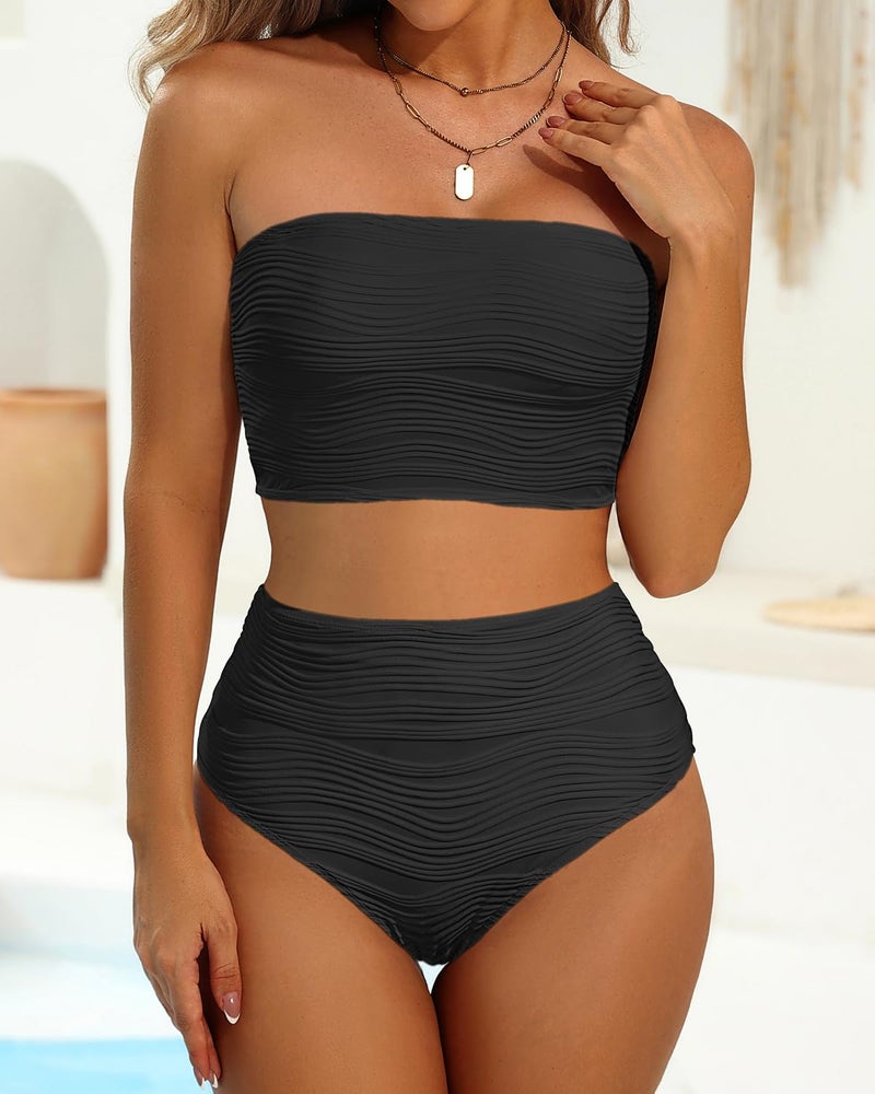 Talisea High Waisted Bandeau Bikini Set - Women Strapless Two Piece Swimsuits Ribbed Longline Full Coverage Bathing Suits Swimwear Black - Image 2