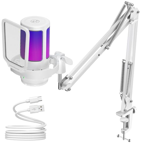 InnoGear Gaming USB Microphone, Noise Cancellation Condenser Mic with Mute, Gain, RGB Indicator, Boom Arm Stand for Streaming, Podcast, Twitch, YouTube, Discord, PC, Computer, PS4, PS5, Mac, White - Image 1