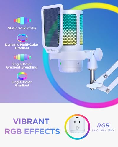InnoGear Gaming USB Microphone, Noise Cancellation Condenser Mic with Mute, Gain, RGB Indicator, Boom Arm Stand for Streaming, Podcast, Twitch, YouTube, Discord, PC, Computer, PS4, PS5, Mac, White - Image 5